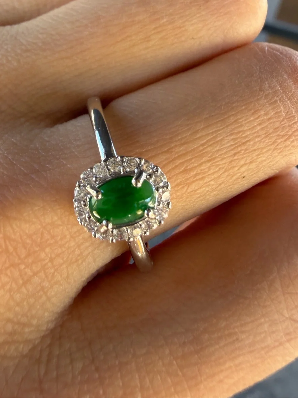 Natural Burmese Jadeite Jade A-Grade Ice Green Cabochon Ring